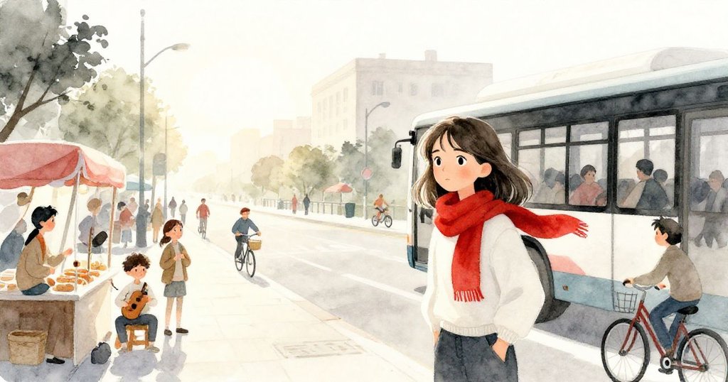 米拉穿著紅色圍巾初迎晨光，從城市公車下來奔向河濱廣場，臉上滿是期待與活力。