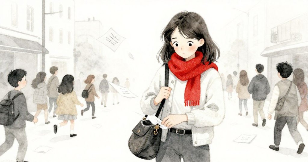 米拉小心打開肩包，檢查裡面快掉出來的素描本，動作緊張但充滿專注。