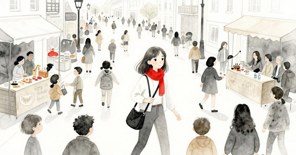 從高處俯瞰，米拉在人群中穿行，肩包隨步搖擺，表情焦慮中透出決心。