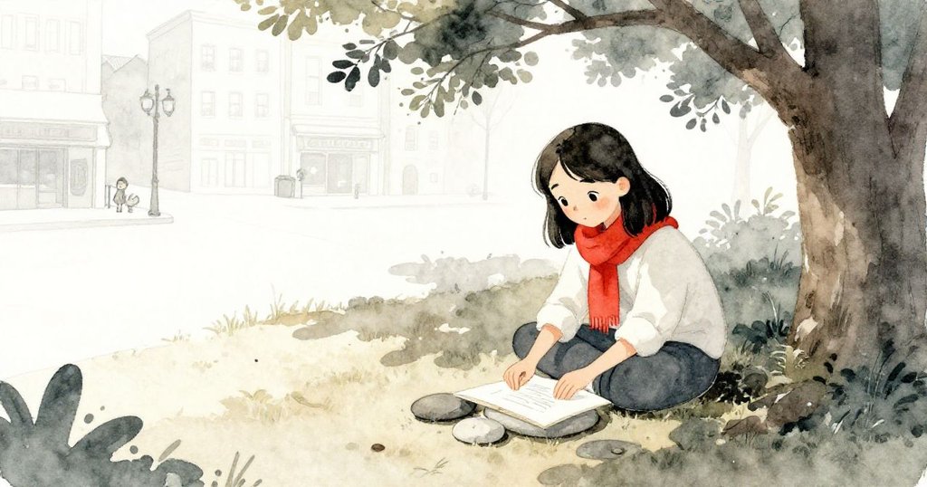 從高處望見靜謐樹林中的空地，米拉在石頭間定位素描本，臉上透露堅定與專注。