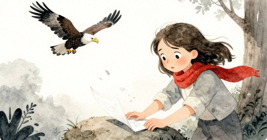 米拉用手抓著搖動的素描本和石頭，風吹起紙屑與灰塵，神情緊張又堅毅。