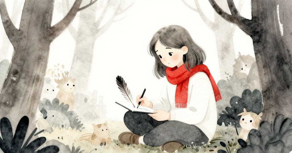 米拉在靜謐樹林中，將一根鷹羽輕滑入素描本，臉上展現出恬靜的喜悅。