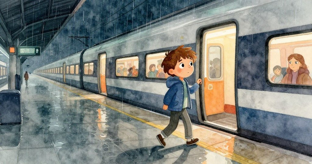 利安穿著藍色夾克在傾斜的月台中走進濕潤的車站,表情堅定,背景有退散的人群與雨中反光,展現出初步冒險氣氛。