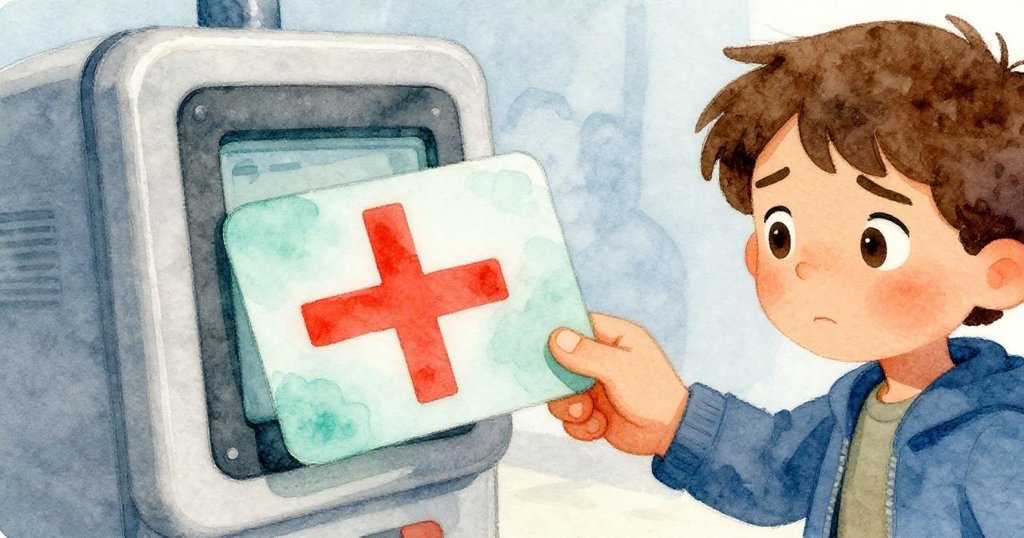 利安的手握著旅程卡在閘門上輕觸,紅色閃光瞬現,細節突顯出他的焦慮與堅定,展現故障場景。