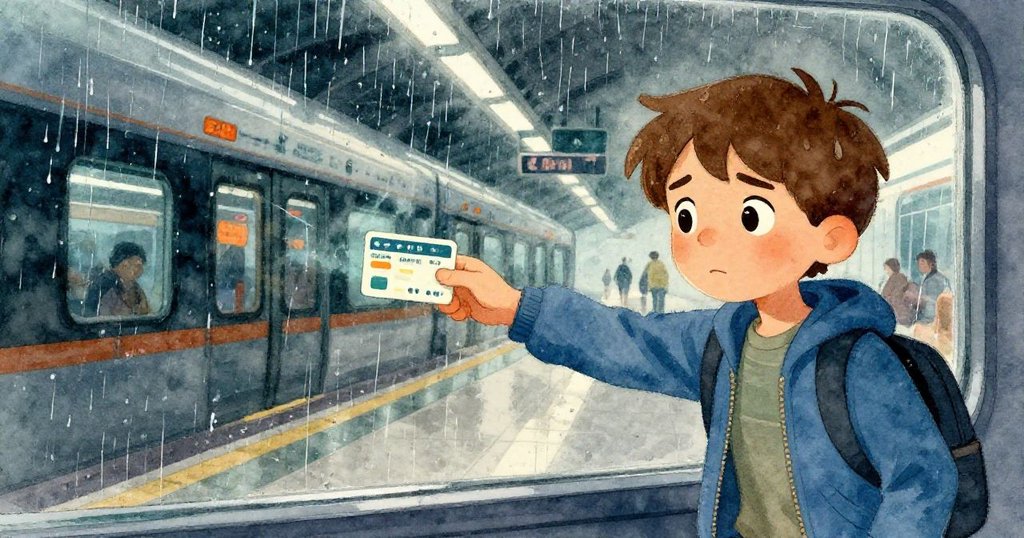 透過雨痕玻璃窗看見利安再次嘗試進站,他伸手拿著旅程卡,背景是暗淡閘門與零星燈光,情緒堅定且略帶憂愁。