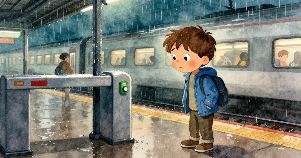 在雨季傍晚,利安發現閘門旁的綠色按鈕,水滴沿著天花板滑落,呈現出一抹希望與轉機的暖光。