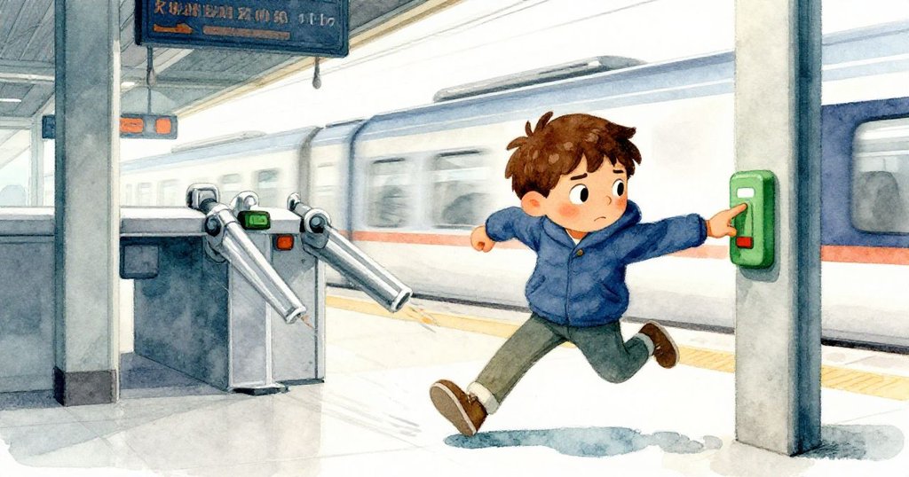 利安迅速按下綠色按鈕,金屬臂隨之展開,他急切且充滿決心,動態場面充滿都市節奏感。