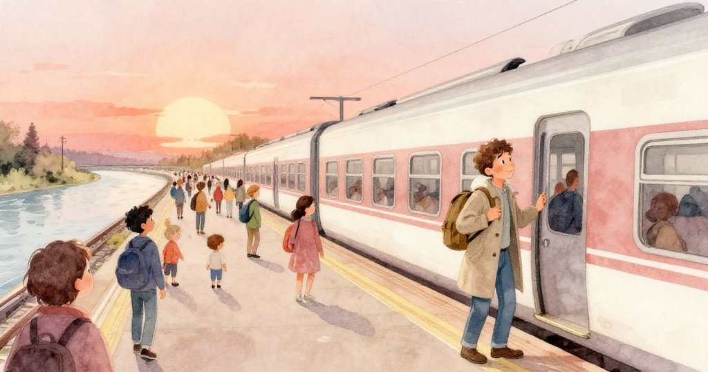 馬可從火車站走出，背包隨步伐輕晃，夕陽映照河面與行人穿梭，充滿期待與思索之情。