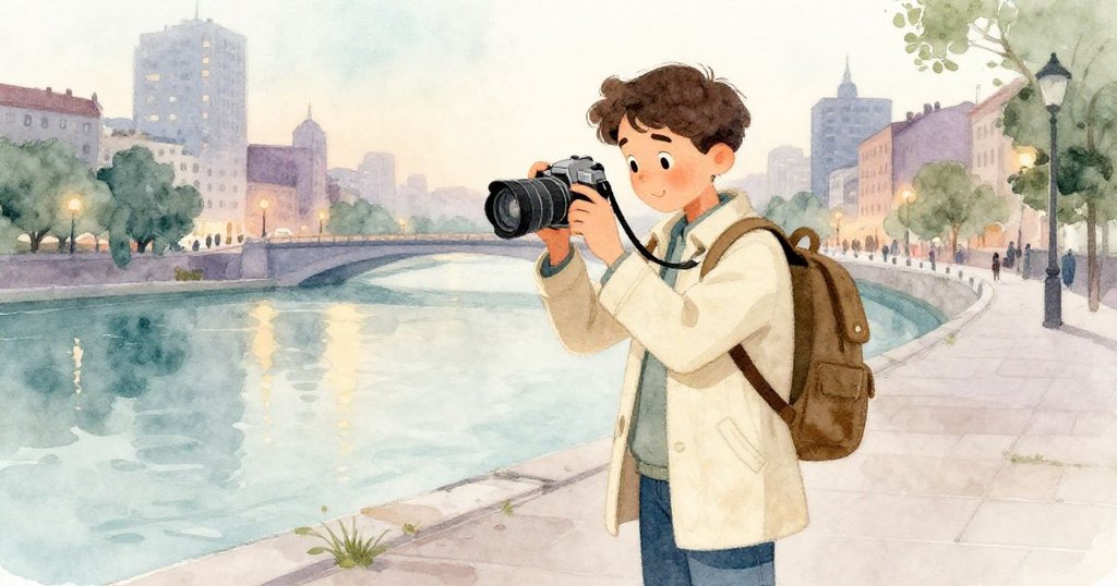 馬可在通往河畔的路上停下調整相機，黃昏燈光映襯建築和河流，他專注而期待捕捉自然奇光。