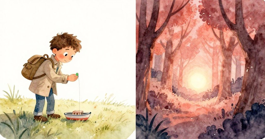 馬可在草地上先拍下空靈綠光，驚覺是玩具船零件，隨後看到更溫暖閃爍光點，臉上表情驚喜又困惑。