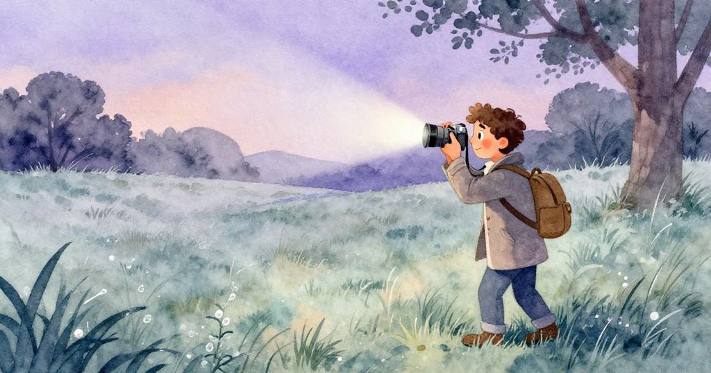 馬可在草地上迅速拍攝從樹間閃爍的神秘光點，黃昏漸暗露水閃光，場面充滿神秘寧靜之美。