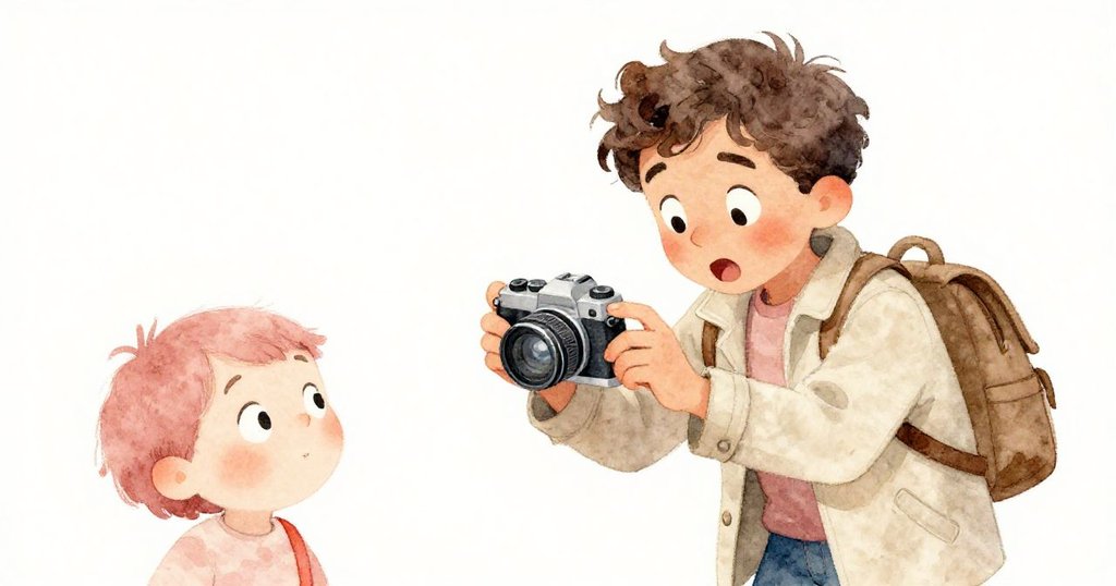 馬可凝視相機螢幕，臉上展現驚訝與微笑並存的情緒，近距離捕捉內心掙扎與幽默反應。