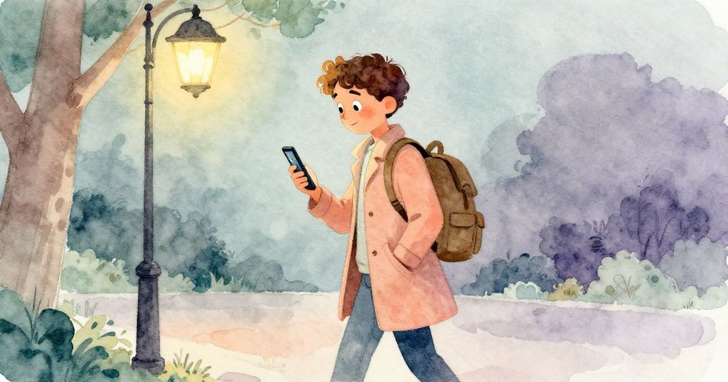 馬可走向公園路燈下，低頭看手機中最後映像，夜幕下步伐穩定而充滿希望，暗示冒險仍將繼續。