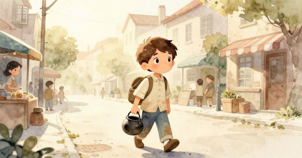 Sam背著小鍋走在寧靜街道，晨光柔和映照，眼神堅定，準備踏進熱鬧市場的前奏。