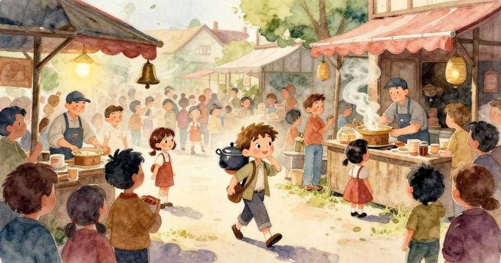 Sam的手正緩緩拿著精緻鍋子，鍋面反射暖光，細膩紋理顯現，暗示著即將展開的奇遇。