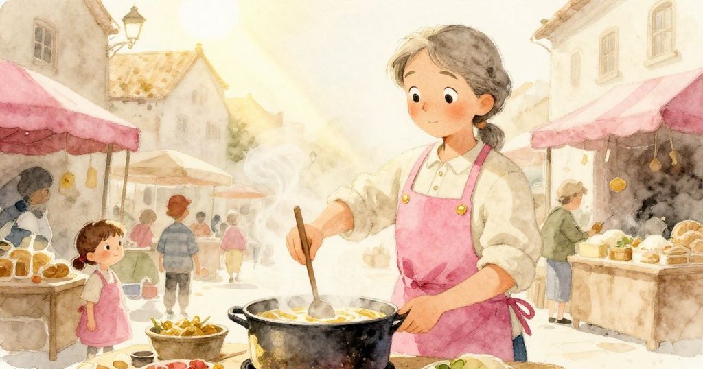 市場中陽光柔和照耀，攤販專注攪拌熱湯，蒸氣和光芒交織出溫馨氛圍，細節豐富而迷人。