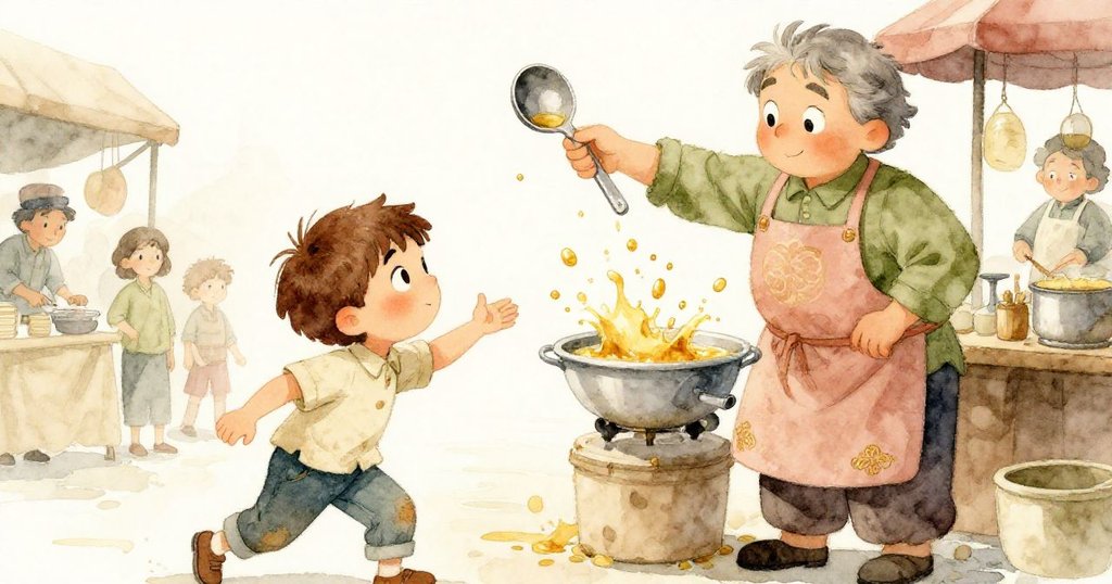 在熱鬧市場中，Sam與攤販互動，攤販用湯杓舀出金色湯滴，兩人目光交會充滿驚喜與溫情。