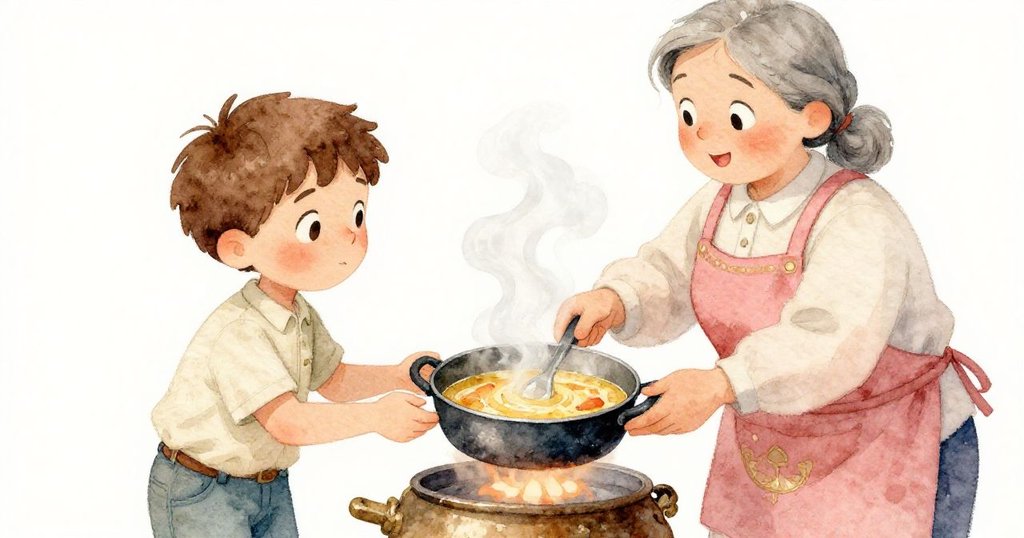 Sam與攤販在市場攤位前溫馨交換，湯鍋內金湯蒸汽袅袅飛升，雙手交會瞬間流露出滿足與歡喜之情。