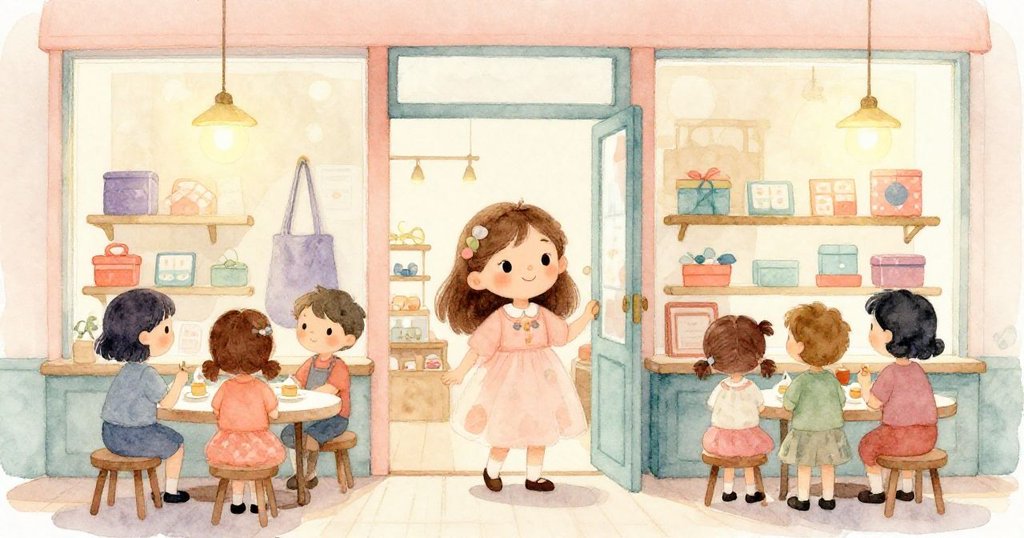 Mia走進溫馨小店，周圍顧客和鮮豔盒子環繞，燈光明亮，她滿懷期待邁入店內。