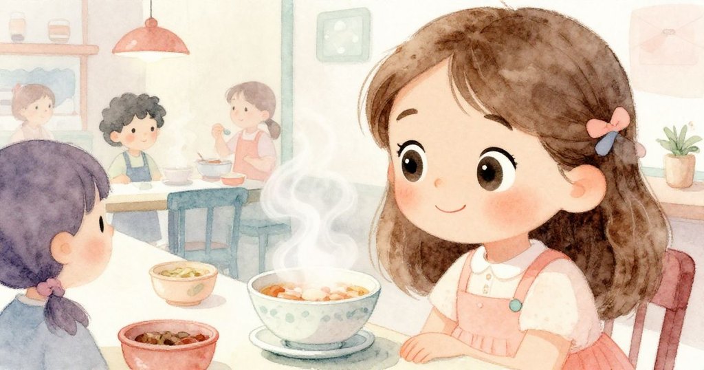 Mia專注凝望蒸氣繚繞的湯碗，眼神中充滿期待與好奇，背景呈現溫暖店內情景。