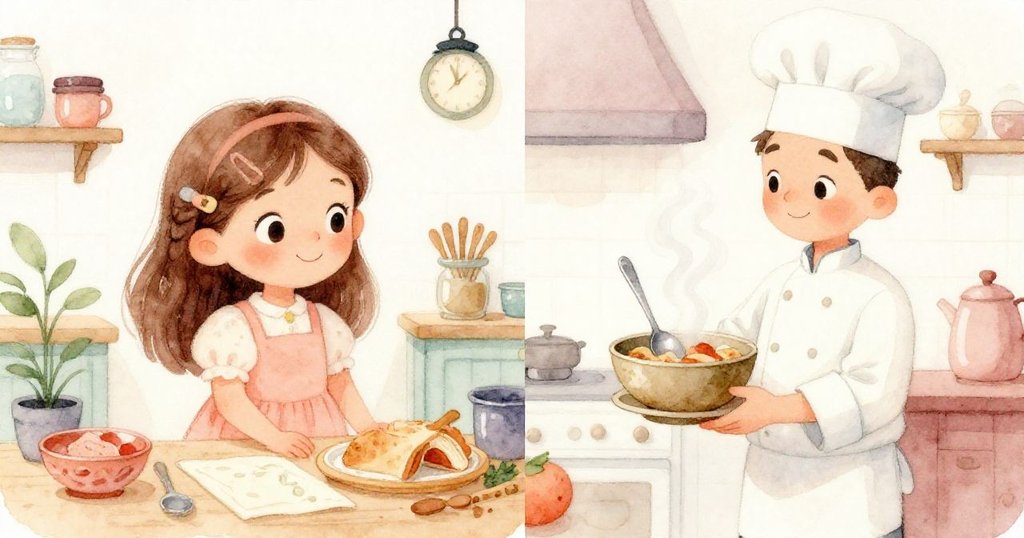 Mia點餐時滿懷期待，廚師端出冒氣的湯碗和金屬湯匙，兩個畫面展現店內溫暖家庭風格。