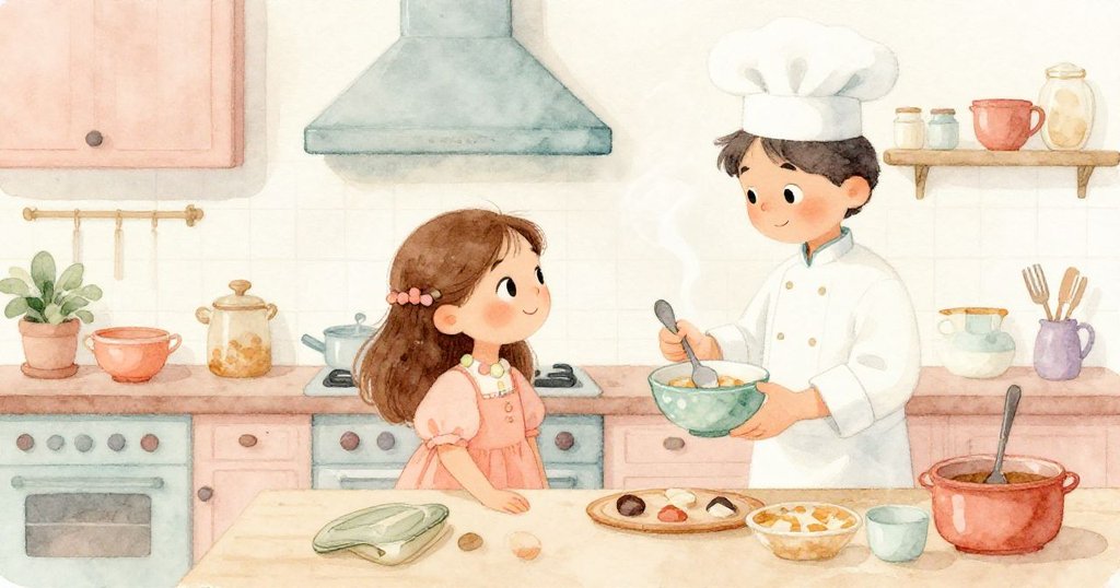 在溫馨廚房中，Mia注視著廚師將湯碗與湯匙擺放整齊，蒸氣緩緩升起，整體氛圍充滿家庭溫暖感。