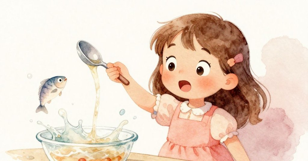 Mia輕舉湯匙時發生小意外，湯汁濺到袖上，她驚訝中帶點好笑，看著一塊魚在清湯中漂浮。