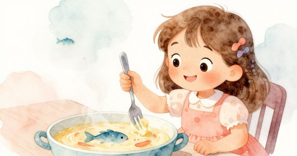 Mia含笑用叉子品味魚肉，湯底顯現藍色魚畫，她驚喜而愉快，整個場景溫馨美好。