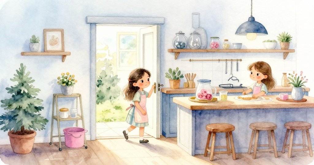 莉雅從敞開的廚房門邊踏入室內，背景中有金屬碗、麵粉與其他烘焙材料，臉上流露出期待的神情。