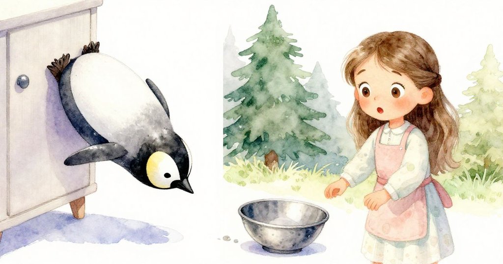 一邊是小企鵝磁鐵從櫥櫃上滑落，一邊是金屬碗開始傾斜，莉雅在背景中露出驚訝神情，展示事故發生瞬間。