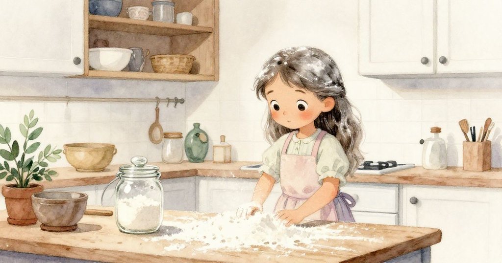 廚房中灑滿了麵粉，莉雅忙著整理散落的混合料，倒翻的麵粉罐和半掩櫥櫃展現出意外的秘密角落。