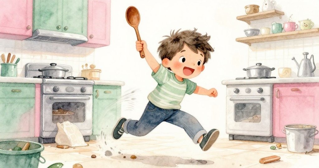 伊凡疾步闖入廚房，舉著木製湯匙像英勇的英雄般，動感十足，背景中依然留有灑落的麵粉與原始混亂。