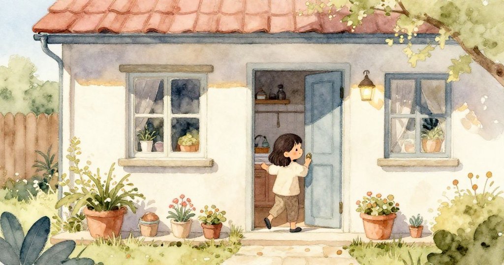 瑪雅在明亮中午推開鄰家小院門,陽光灑落庭院與門前,神情充滿期待與喜悅,展現出故事開端。
