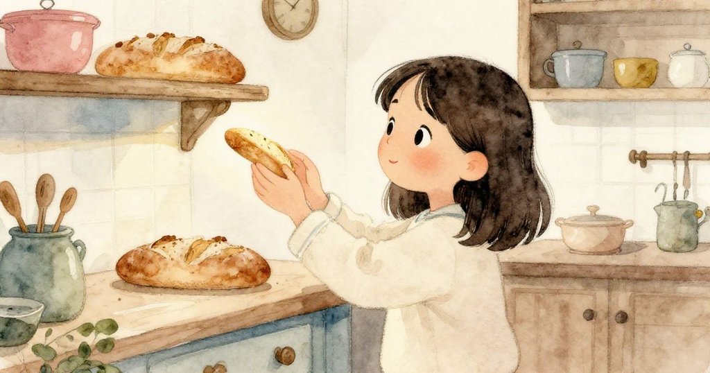 瑪雅在廚房裡仔細端詳架上那塊薄薄奇怪的麵包,光線映出冰凍質感,表情充滿好奇與期待。