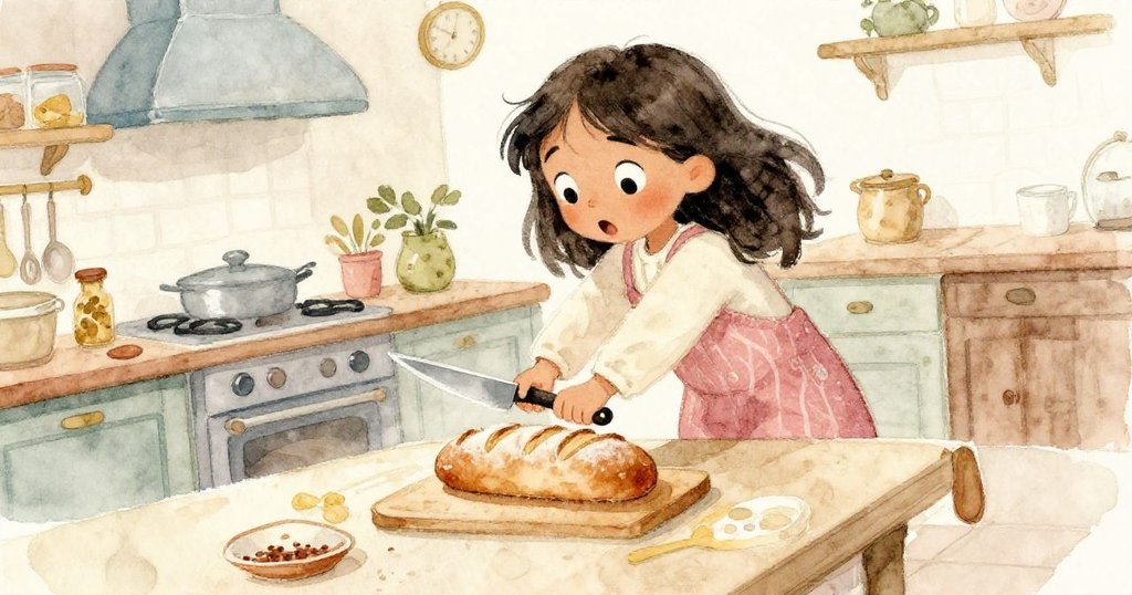 瑪雅用刀試切冰凍麵包,動感傾斜角度展現其驚訝與意外,廚房背景細膩呈現生活變化的瞬間。