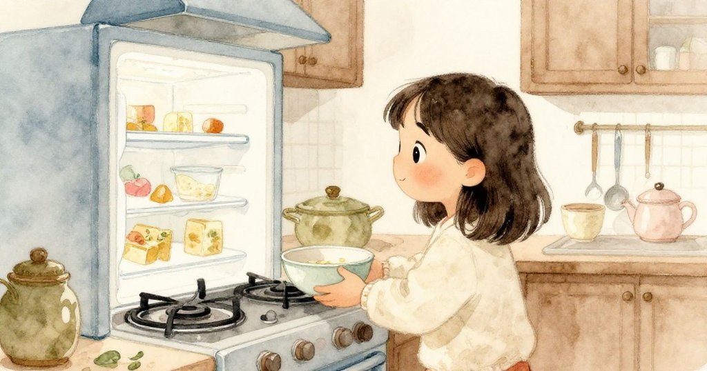 瑪雅在溫暖廚房中仔細將小碗置於爐邊,注視著冰箱內隱藏蔬菜湯冰塊,透露出沉思與期待。