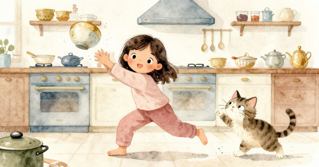 瑪雅急忙伸手接住即將滑落的碗,貓咪Leo淘氣碰觸重鍋,廚房中充滿驚訝與奮力應對的忙亂場景。