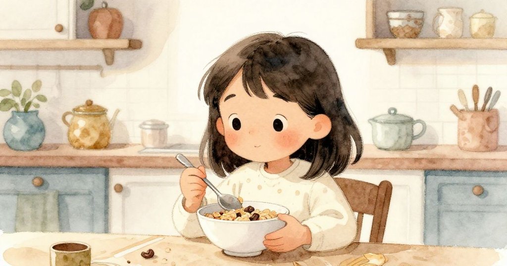 瑪雅笑逐顏開悠然享用牛奶麥片,寧靜廚房散發溫馨氛圍,結束混亂後呈現出滿足與從容的結局。