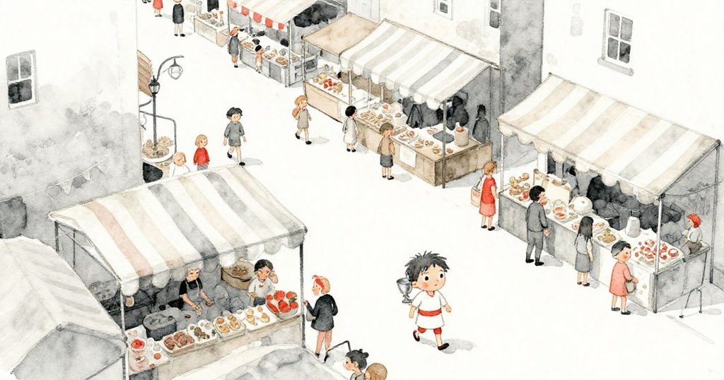 米羅在晨曦市場入口處，從空中俯瞰熱鬧市集，陽光灑落大街，米羅邁步進場，顯得堅定而期待。