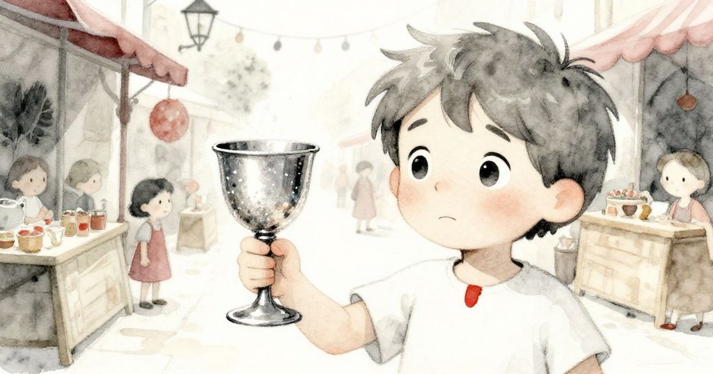 米羅小心捧著閃耀銀杯，手微顫於繁忙市場背景中，晨光映射下，表情充滿專注與憂慮。