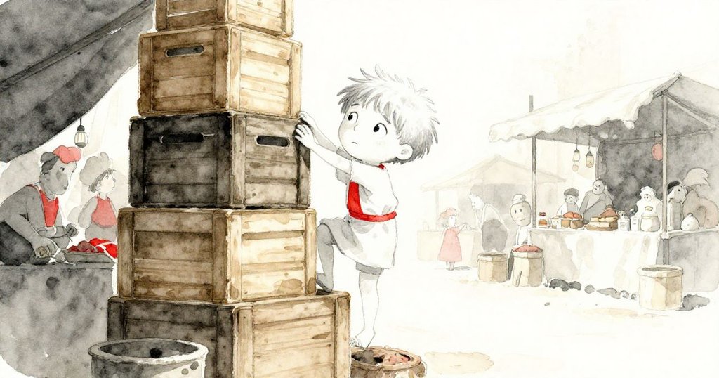 米羅面向堆疊木箱攀爬，從低角度仰望，表情堅毅，背景為市集攤位與輕柔晨光。