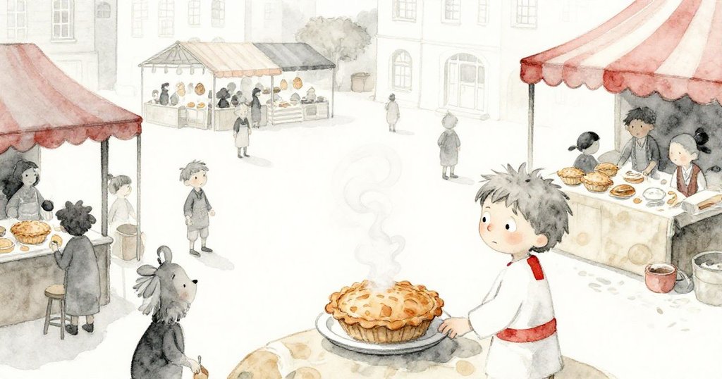 米羅站在高處注視著冷卻中的派盤，蒸氣輕繞，晨光與柔和陰影交映，市場氛圍充滿靜謐期待。