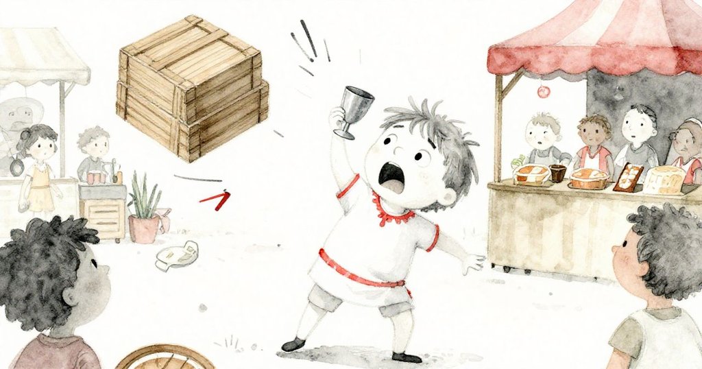 米羅於市場中突然驚呼，手握銀杯緊隨移動的貨箱，表情驚恐與決心並存，背景人群略顯混亂。