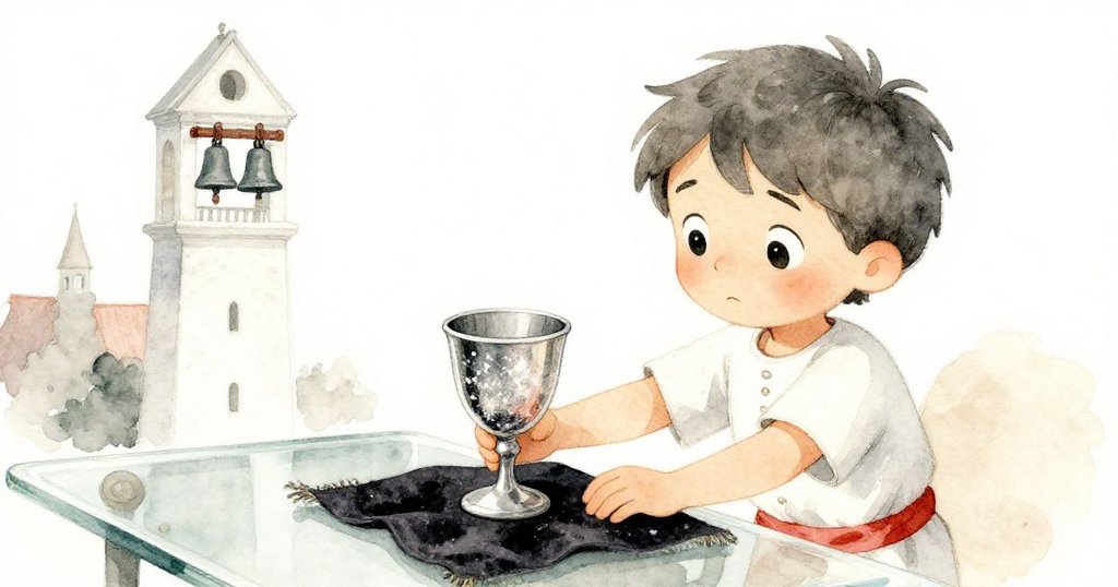 米羅在玻璃工匠桌後安全降落，將銀杯放於天鵝絨布上，表情放鬆喜悅，鐘聲悠揚為市場帶來了平靜結局。