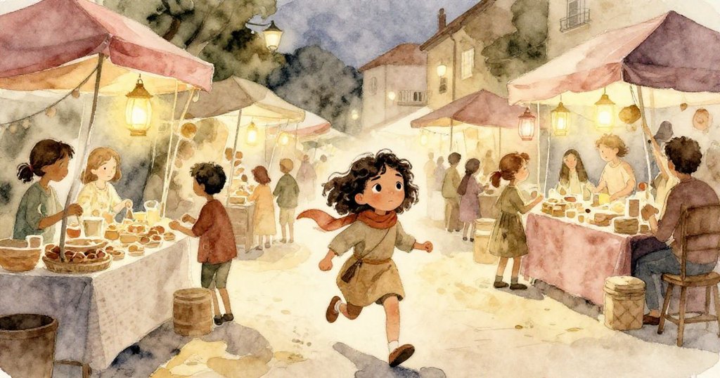 瑪琳在溫暖黃昏市場中急行，她穿越鮮豔布幔和果籃，臉上洋溢著期待與焦急的情緒，展現故事開始。