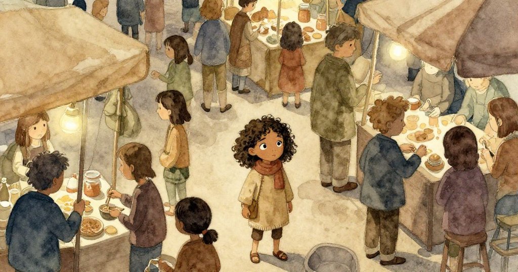 自上而下視角中，瑪琳在熙攘攤位中穿梭，她渺小而堅定，臉上透出些許遺憾，故事逐漸深入。