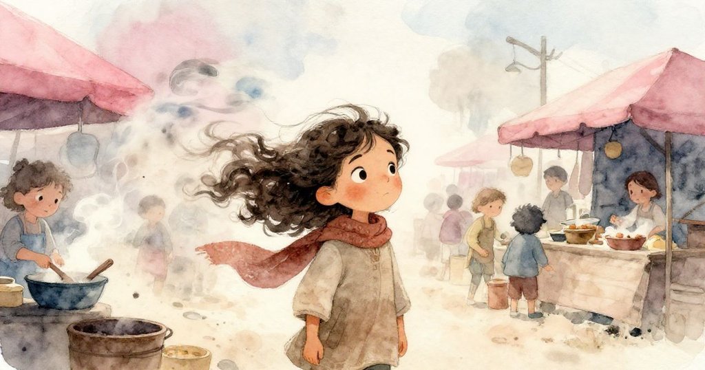 風起塵揚間，瑪琳暫停感受涼風，她站在煙霧瀰漫市場中，神情沉思，情節逐步推展。