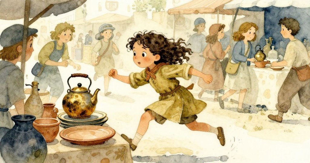 瑪琳急奔於擁擠攤位中，目光緊盯偏僻角落中瓷盤上的凹痕茶壺，臉上流露急切與決心，情節達到高潮。