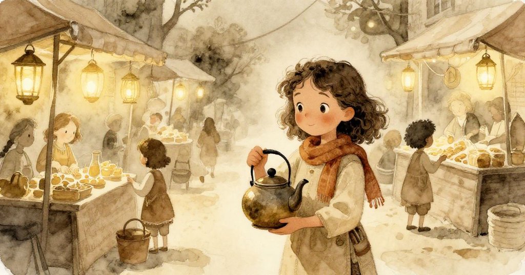 夜市寧靜下，瑪琳溫柔捧著溫暖茶壺，燈光柔和映出她滿足笑容，情節歸於平和結局。