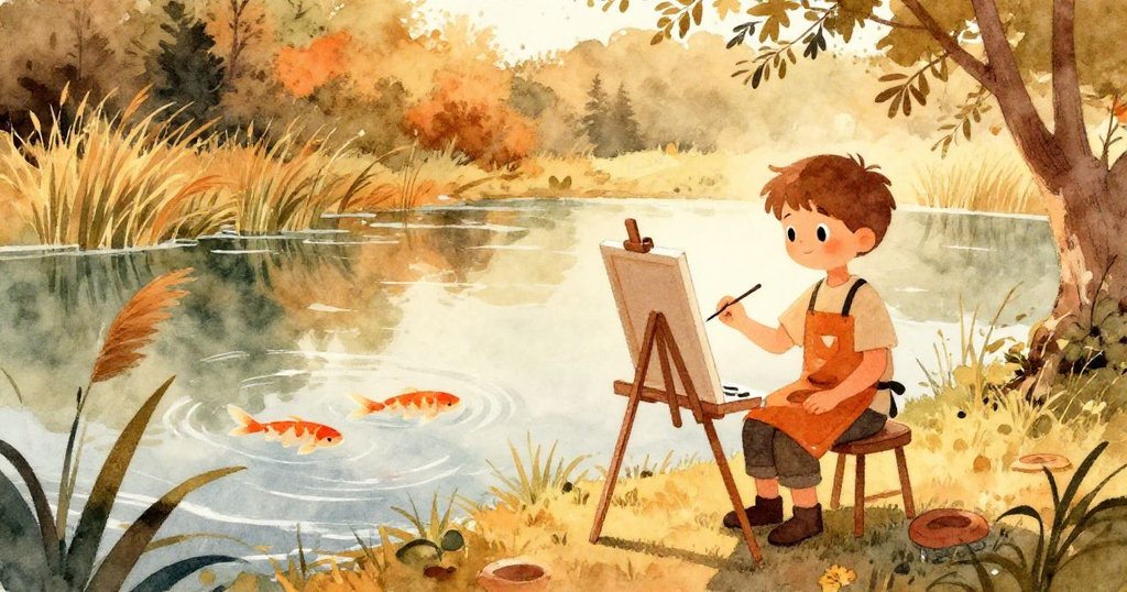 Leo在正午陽光下於池塘邊設置畫架，背景有搖曳蘆葦與閃爍水面，神情專注展現開端情景。
